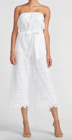 Express White Strapless Jumpsuit Eyelet Design Wide Crop Leg thumbnail 1