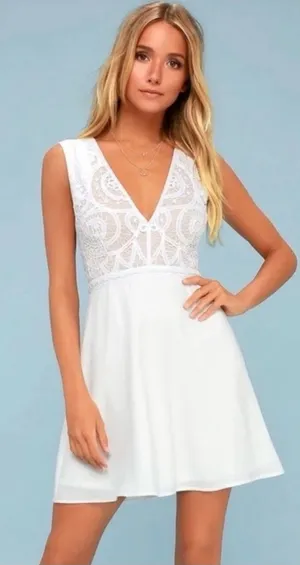 NWT Lulus Florentia White Crochet Skater Mini Dress - Size: Large thumbnail 1