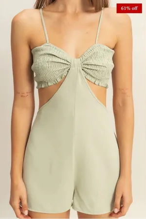 NWOT Sage Green Cutout Romper with Smocked Bust SIZE L thumbnail 1