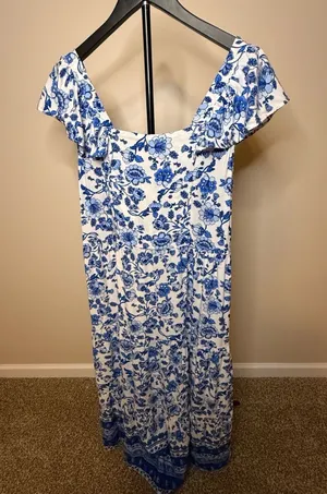 Chenault Pink & Violet Blue Floral Print Ruffle Sleeve Maxi Dress‎ Size L thumbnail 1