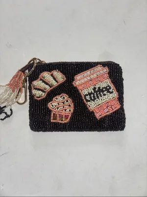 Source Unknown BROWN AND PINK BEADED MINI BAG OR COIN PURSE 5” X 4” HAS BEADED TASSEL ZIP PULL thumbnail 2