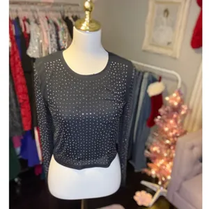 Haute Monde Black Rhinestone Embellished Long Sleeve Cropped Top‎ Women's Size S thumbnail 2