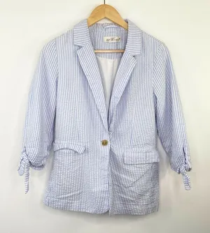 LOGG Womens‎ Blue Striped Seersucker Blazer Jacket Suit Size 2 Career Office thumbnail 1