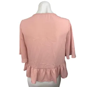 Peach Love Pink Peplum V-neck Tie Front Short Sleeve Crop Top Blouse Size S thumbnail 2