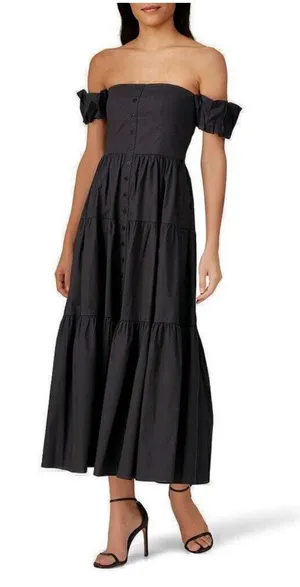 Staud Elio Dress Off The Shoulder Tiered Midi Faded Black Cotton WOMENS 6 thumbnail 1