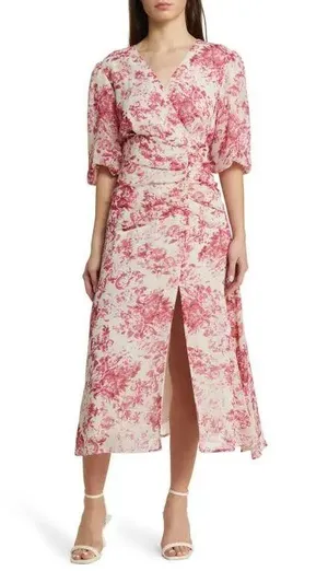 Chelsea28 Forget Me Not Floral Print Puff Sleeve Midi Dress in Beige and Pink thumbnail 2