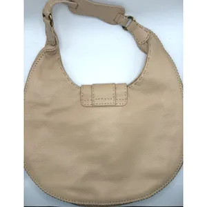 Donald J Pliner Beige Pebbled Leather Whipstitch Hobo Shoulder Bag Brass Ring thumbnail 3