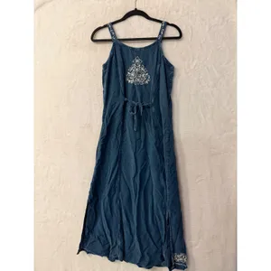 L'Pogee Denim Maxi Dress Womens Sleeveless Embroidered Boho Chambray Blue Long thumbnail 6
