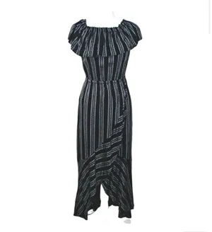 Elan Black White Striped boho cottagecore Linen Style Maxi Dress Medium $125 thumbnail 2