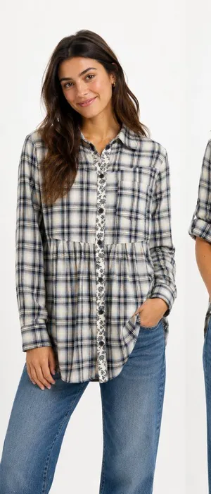 Free People Plaid Western Floral Accent Button Up Tunic Top Boho Preppy Size 12 thumbnail 1