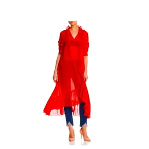 Sandro Paris Joy Rouge Écarlat Ruffled Midi Dress Red Sheer Romantic 38- US 6 thumbnail 7