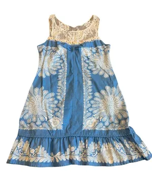 Free People Blue Ivory Paisley Lace Yoke Shift Dress Boho Mini Size 4 Women's thumbnail 1