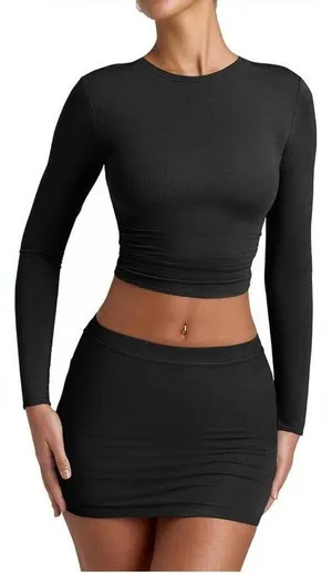 Black Long Sleeve Crop Top and Skirt Set Amazon NEW thumbnail 1
