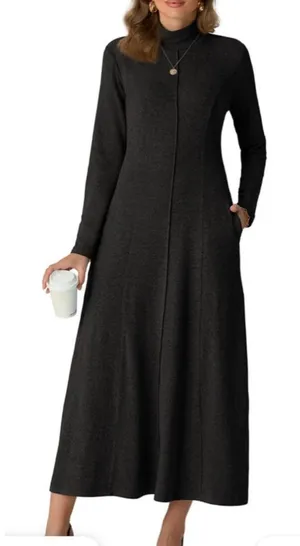 NEW Black Long Sleeve Mock Neck Pullover Pockets Midi Dress L thumbnail 1