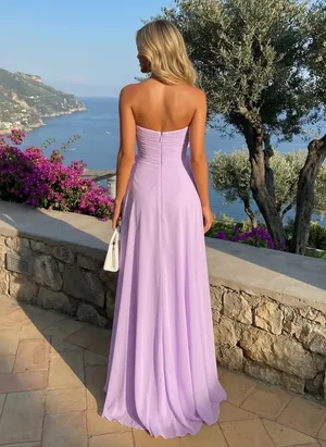 Fuchsia Chiffon Strapless Pleated Maxi Dress with 3D Flowers thumbnail 5