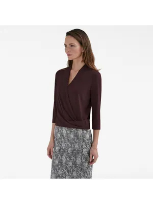 M.M.LaFleur Deneuve Top +2 Aubergine Purple Faux Wrap Italian Crepe Blouse thumbnail 4
