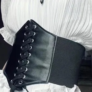 Plus‎ Size Black Vintage Style Lace Up Faux Leather Elastic Back Closure thumbnail 5