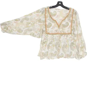 World Market Top Floral Paisley Boho Cottage Prairie Peasant Puff Sleeve S/M thumbnail 8