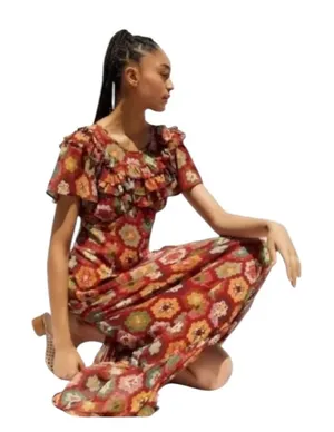 Urban Outfitters patchwork quilt print Ruffle Trim red multicolor maxi‎ dress XS thumbnail 1