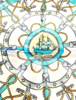 Vintage Square Sailing BOAT,WHEEL&Anchor 35/35 Oversized TEAL satin Silky SCARF thumbnail 4