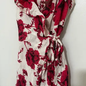 Free People | Women's Red Pink White Floral Ruffle Wrap Mini Dress, Size XS thumbnail 5