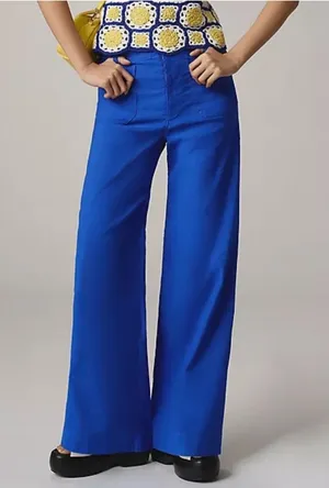 ANTHROPOLOGIE Maeve Colette Linen Wide Leg Blue High Rise Pants Trousers thumbnail 1