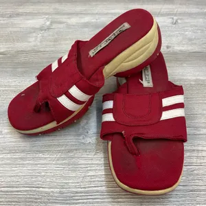 Y2K 2000s Vintage Red Platform Chunky Canvas Slide Sandals White Stripes Sz 6.5 thumbnail 2