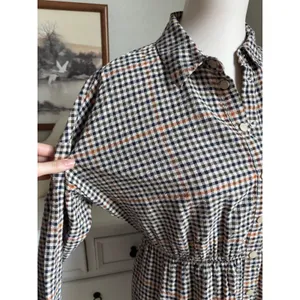 Plaid Mini Shirt Dress Gingham Ruffle Hem Button Down Long Sleeve Tiered Casual thumbnail 2