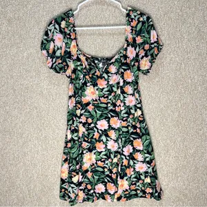 Lila Rose Floral tropical mini dress‎ dark floral stretchy sleeves large beach imperfect thumbnail 2