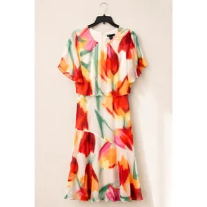 Maggy London Women Dress 10 Cream Coral Polyester Floral Popover Midi Flutter thumbnail 2