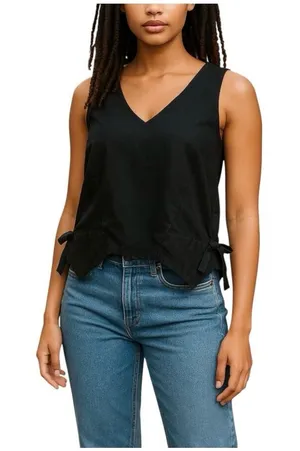 Terea By Andrea Pitter Vneck Sleeveless Black Blouse Small Hi Low Hem Bow Detail thumbnail 1