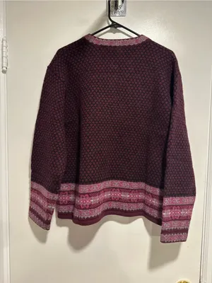 VTG Frost Fair Isle Sz:M geometric knit burgundy/pink Wool Cottagecore cardigan. thumbnail 2