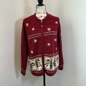 Croft & Barrow Snowman Holiday Zip Up Cardigan Red Festive Snowflake XL Vintage thumbnail 2
