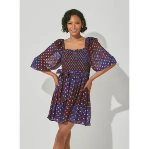 Cleobella Elizabeth Mini Dress‎ Size XS Purple Confetti Metallic Bubble Sleeve thumbnail 2