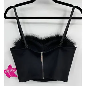 Say What Black Faux Fur Feathers Trim Bustier Crop Top Corset Padded Large NEW thumbnail 2