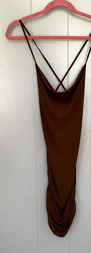 NEW Zara Brown Ruched Criss Cross Sleeveless Party Bodycon Mini Dress S thumbnail 1