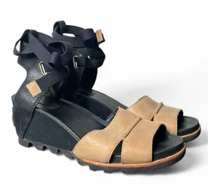 Sorel Joanie Lace Up Wrap Wedge Sandal in Black Tan Size 9 thumbnail 1