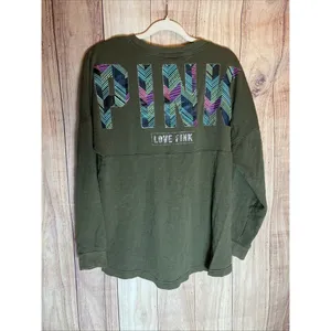 Pink Victoria's Secret Women's Olive Green Sweatshirt Size Medium Long Sleeve thumbnail 7