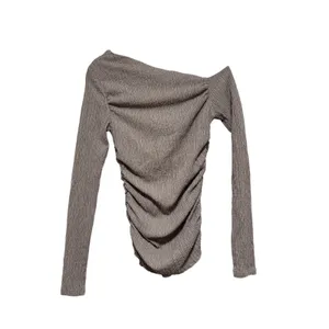 Zara Taupe Ruched Long Sleeve Off Shoulder Top M thumbnail 7