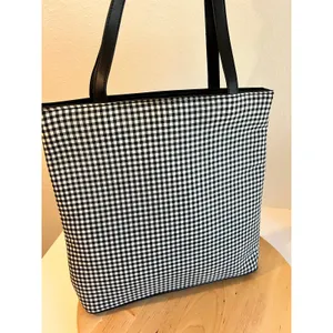Black & White 100% Cotton Double Strap Gingham Checkered Medium Tote Bag thumbnail 6