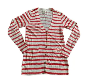 Lucky Brand Cardigan XS Red White Striped Button Front Pockets Nautical Core‎ thumbnail 1