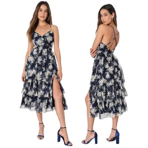 Lulus Cultivate Crushes Navy Floral Print Tiered Ruffled Midi Dress Size S thumbnail 2