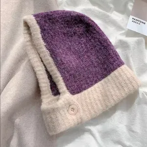 NWOT Purple Beige Button Balaclava Winter Knit Hoodie Hood Hat thumbnail 3