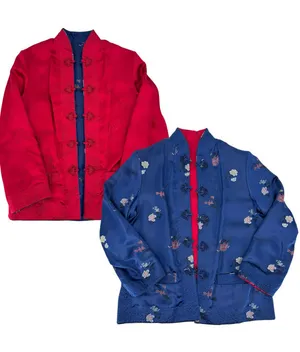 Peony Asian Kimono Jacket REVERSIBLE Blue Floral or Red Shanghai China Vintage L thumbnail 1