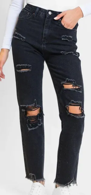 Pink Lily Megan Black Wash Distressed Straight Leg Tall Mom Jeans thumbnail 1