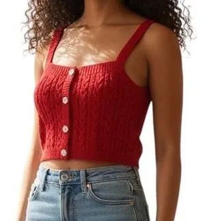 Papaya Red Cable‎ Knit Crop Tank Top Small Rhinestone Accents Camisole Y2K thumbnail 1