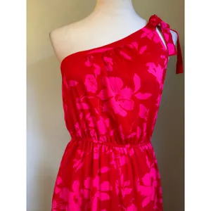 PrettyGarden One Shoulder Floral Maxi Dress Red Pink Tiered Boho Summer M resort thumbnail 3