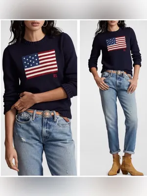Polo Ralph Lauren American Flag Cotton Crewneck Sweater Navy S Preppy Americana thumbnail 2