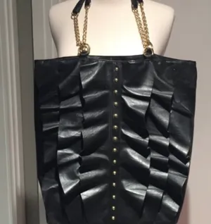 Designer Shoe Warehouse Black Faux Leather Ruffled Shoulder Tote Bag + Matching Pouch thumbnail 3