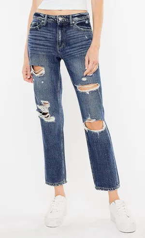 KanCan Nonstretch 100% Cotton Ripped High Rise Dark Wash Mom Jeans thumbnail 1